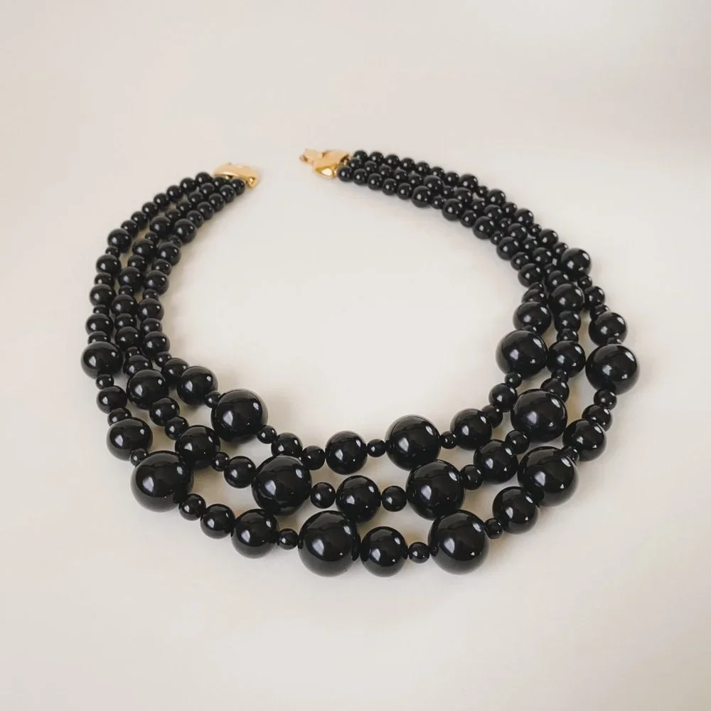 Vintage Monet Black Ball Round Beaded Multi Strand Statement Bib Necklace - Picture 3 of 12